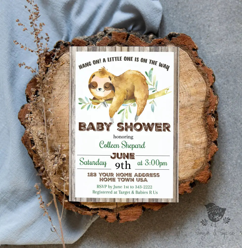 Sloth Baby Shower Invitation - Premium  from Sugar and Spice Invitations - Just $1.95! Shop now at Sugar and Spice Paper