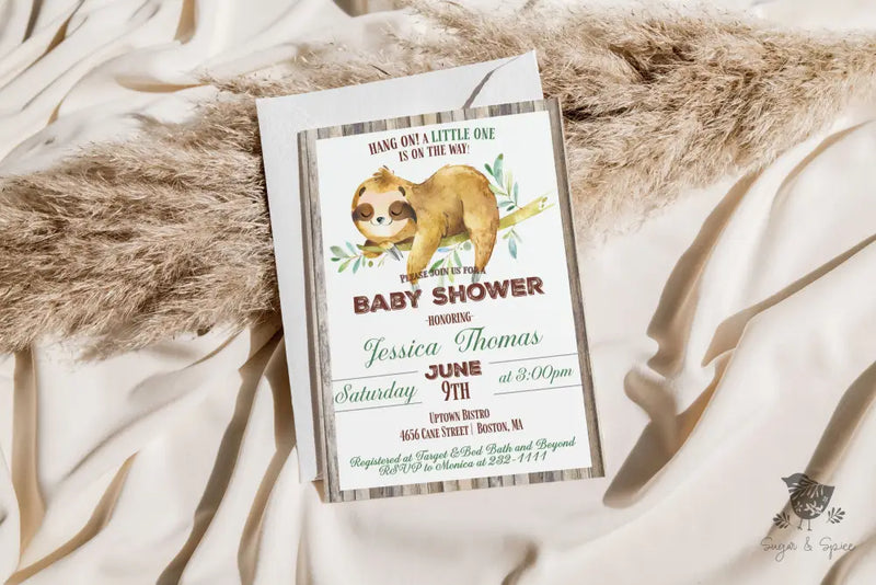 Sloth Baby Shower Invitation - Premium  from Sugar and Spice Invitations - Just $1.95! Shop now at Sugar and Spice Paper
