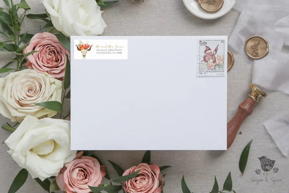 Southwest Bull Skull and Flowers Return Address Sticker - Premium from Sugar and Spice Invitations - Just $23! Shop now at Sugar and Spice Paper