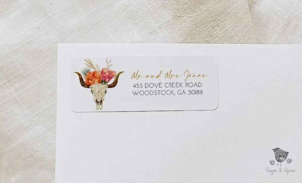 Southwest Bull Skull and Flowers Return Address Sticker - Premium from Sugar and Spice Invitations - Just $23! Shop now at Sugar and Spice Paper
