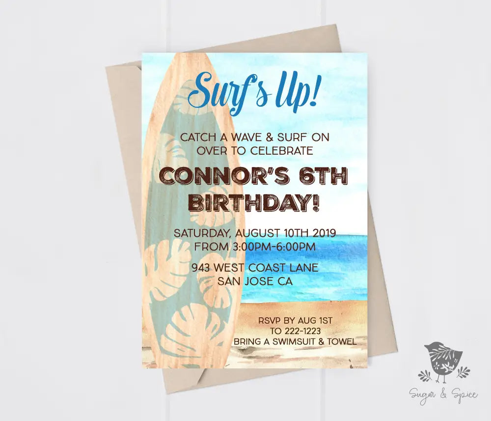 Surfs Up Beach Birthday Invitation - Premium Digital File from Sugar and Spice Invitations - Just $1.95! Shop now at Sugar and Spice Paper