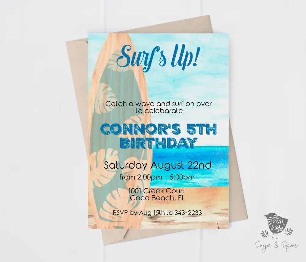 Surfs Up Beach Birthday Invitation - Premium Digital File from Sugar and Spice Invitations - Just $1.95! Shop now at Sugar and Spice Paper