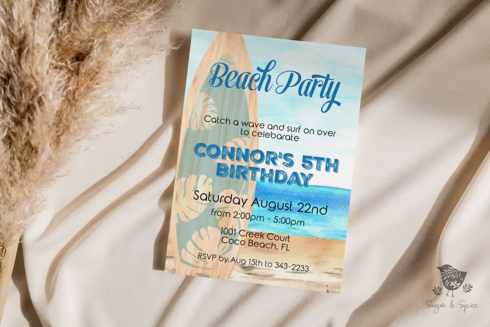 Surfs Up Beach Birthday Invitation - Premium Digital File from Sugar and Spice Invitations - Just $1.95! Shop now at Sugar and Spice Paper