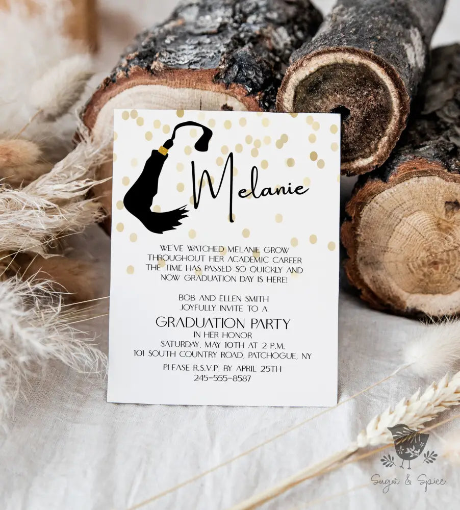 Tassel Black and Gold Glitter Graduation Invitation - Premium Digital File from Sugar and Spice Invitations - Just $2.10! Shop now at Sugar and Spice Paper