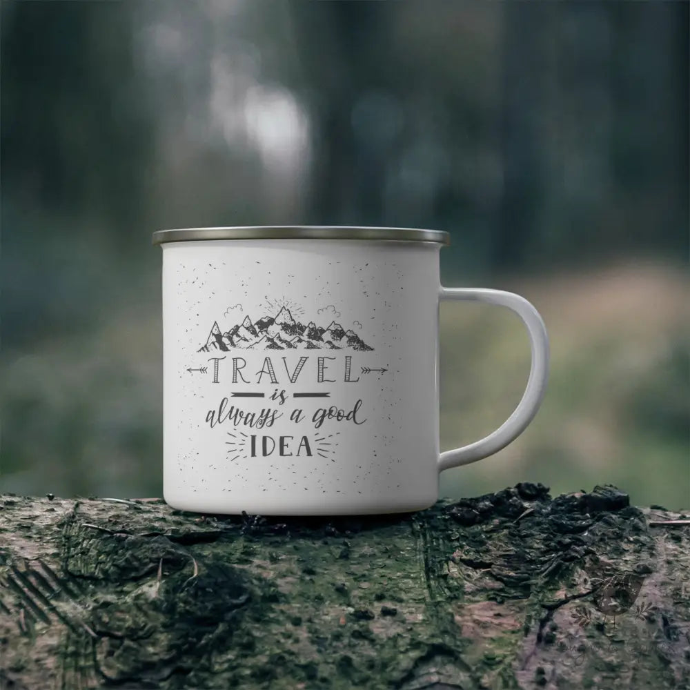 Travel is a Good Idea Enamel Camping Mug - Premium Mug from Printify - Just $18! Shop now at Sugar and Spice Paper