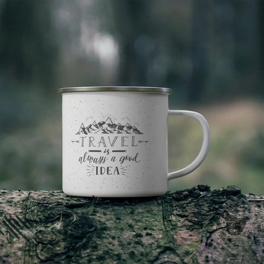 Travel is a Good Idea Enamel Camping Mug - Premium Mug from Printify - Just $18! Shop now at Sugar and Spice Paper