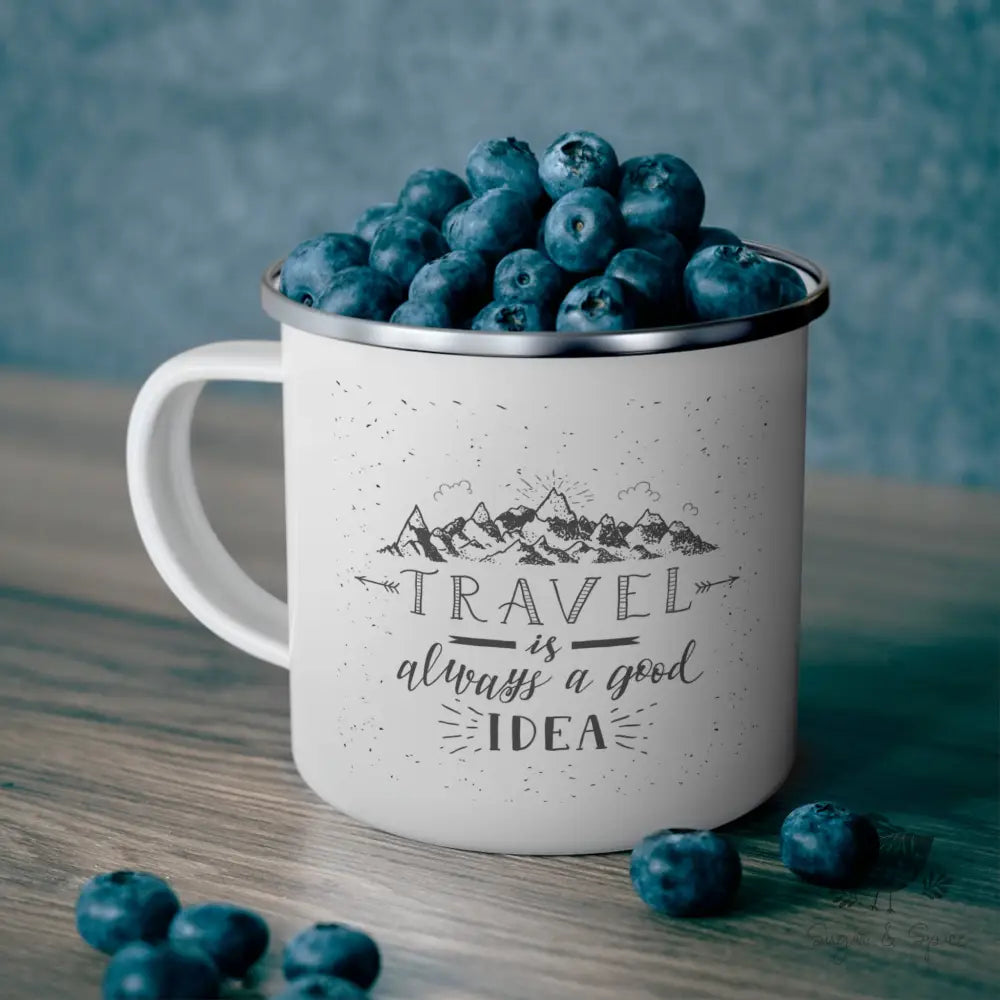 Travel is a Good Idea Enamel Camping Mug - Premium Mug from Printify - Just $18! Shop now at Sugar and Spice Paper