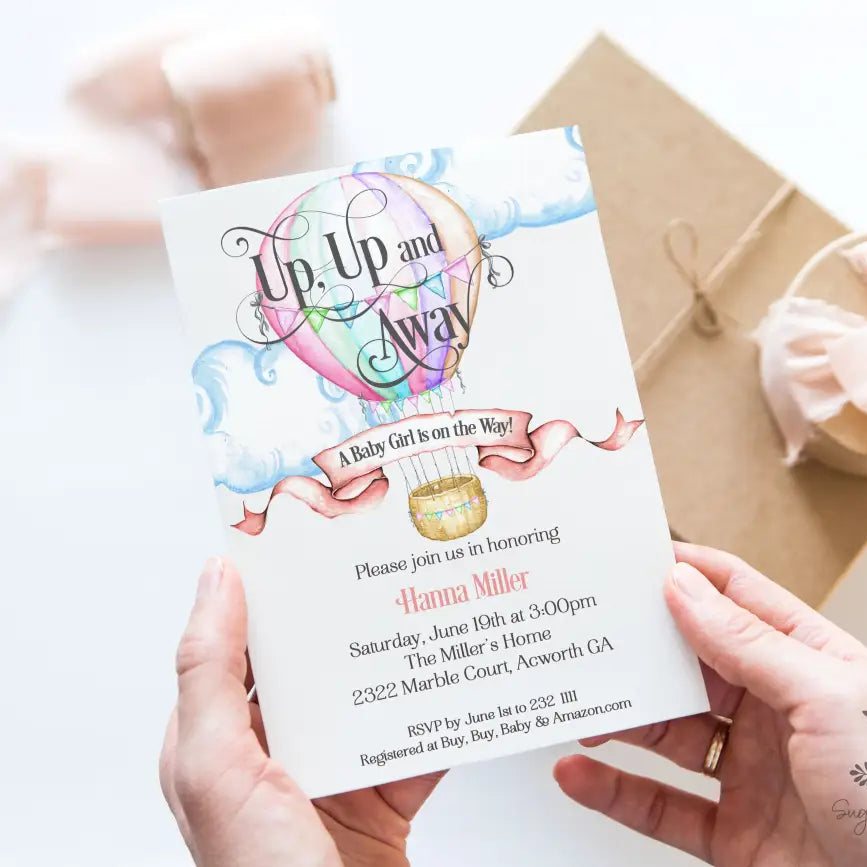 Up, Up and Away Hot Air Balloon Baby Shower Invitation - Premium from Sugar and Spice Invitations - Just $1.95! Shop now at Sugar and Spice Paper
