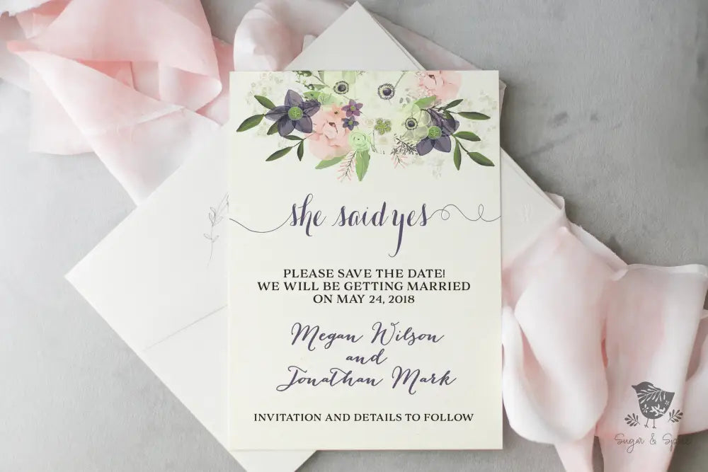 Watercolor Floral She Said Yes Save the Date - Premium Paper & Party Supplies > Paper > Invitations & Announcements > Invitations from Sugar and Spice Invitations - Just $2.50! Shop now at Sugar and Spice Paper