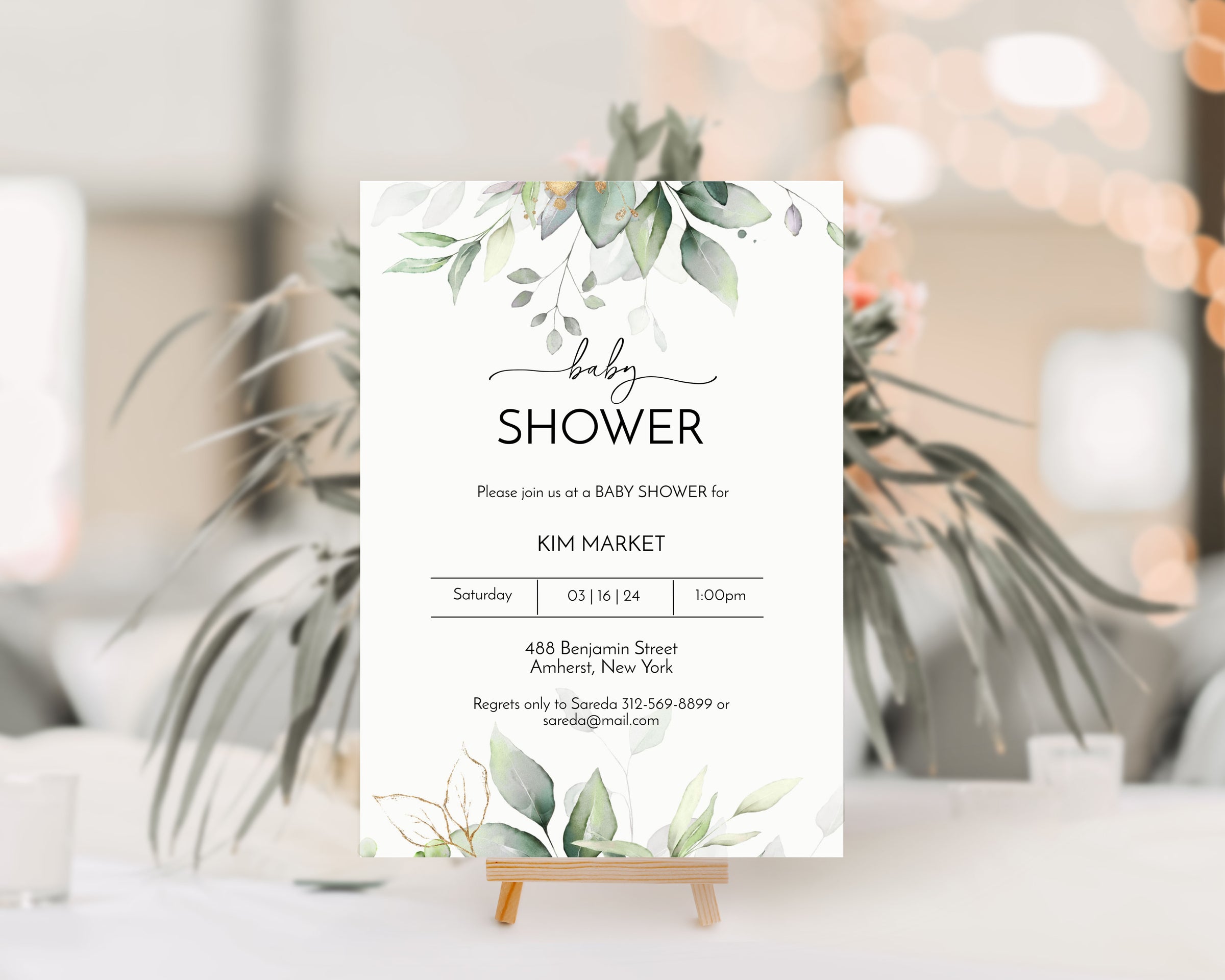 Watercolor Gold Greenery Baby Shower Invitation