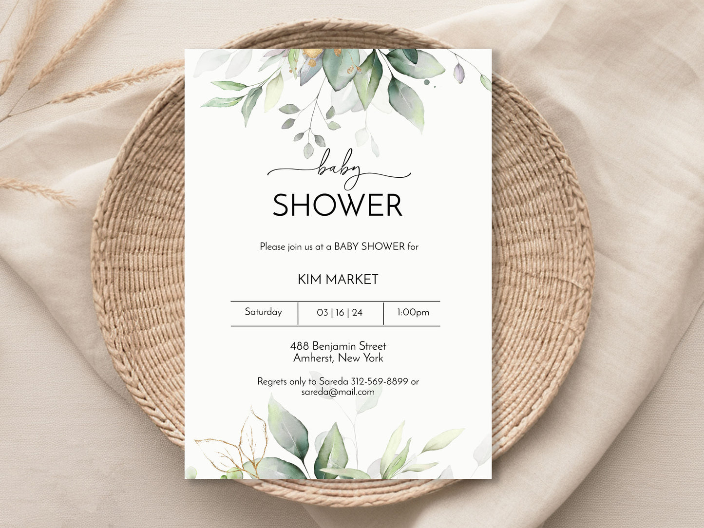 Watercolor Gold Greenery Baby Shower Invitation
