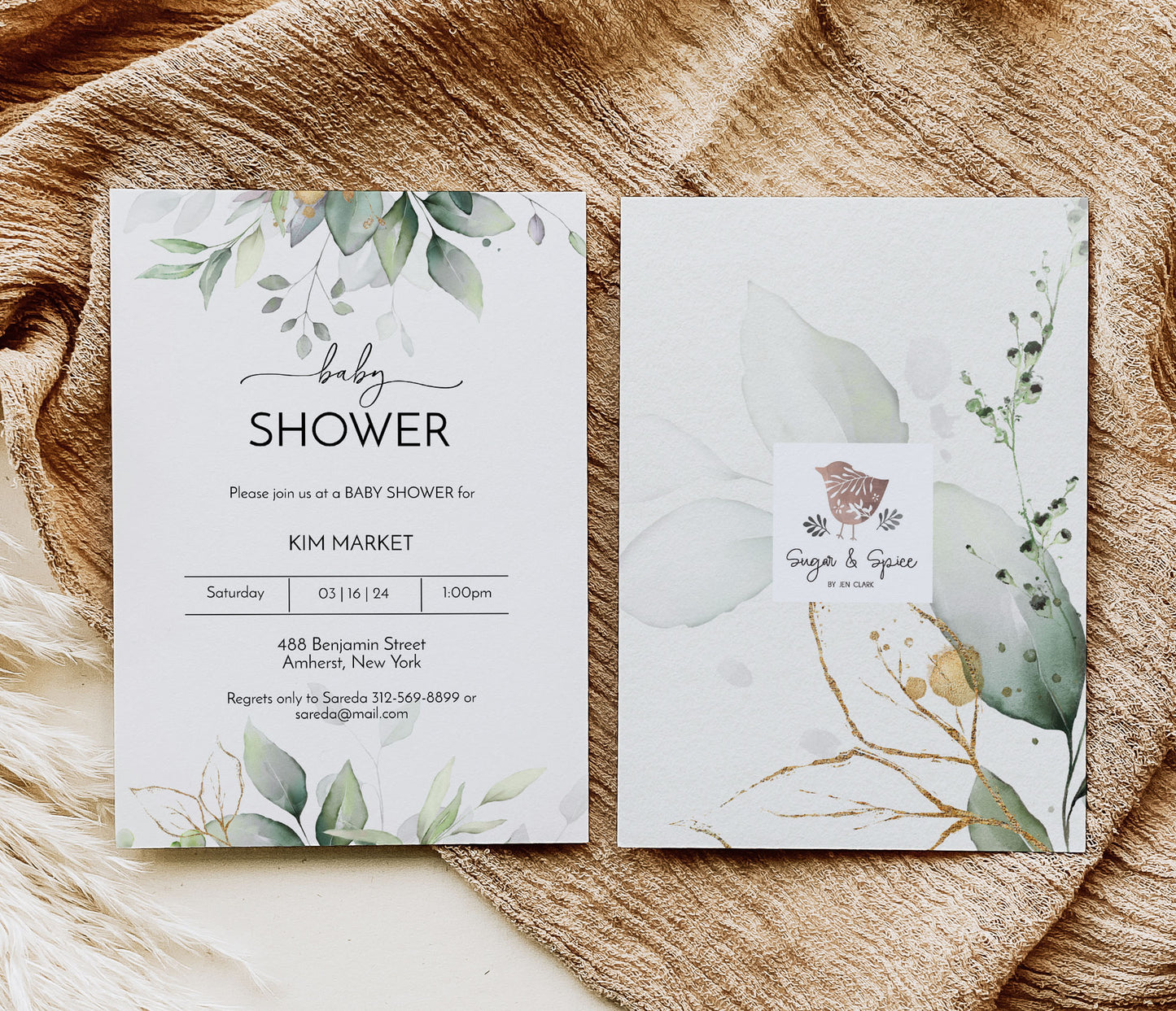 Watercolor Gold Greenery Baby Shower Invitation