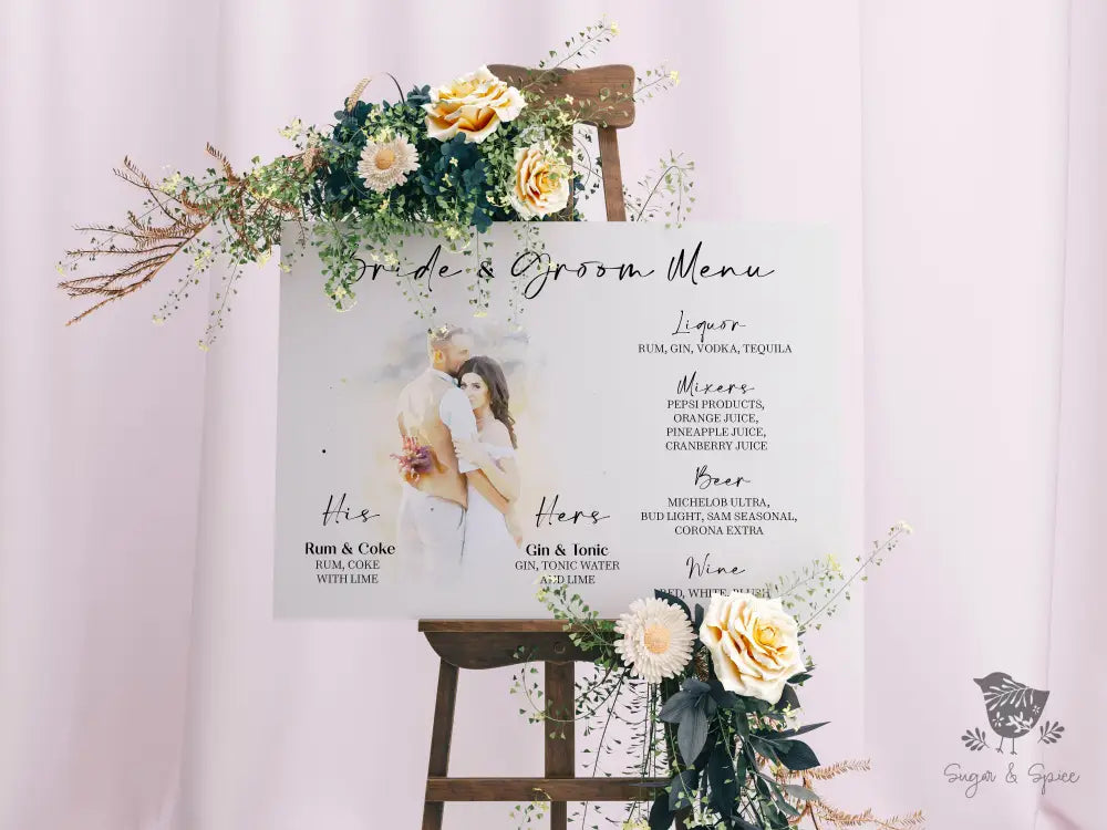 Watercolor Photo His and Hers Signature Drink & Bar Sign - Premium from Sugar and Spice Invitations - Just $25! Shop now at Sugar and Spice Paper