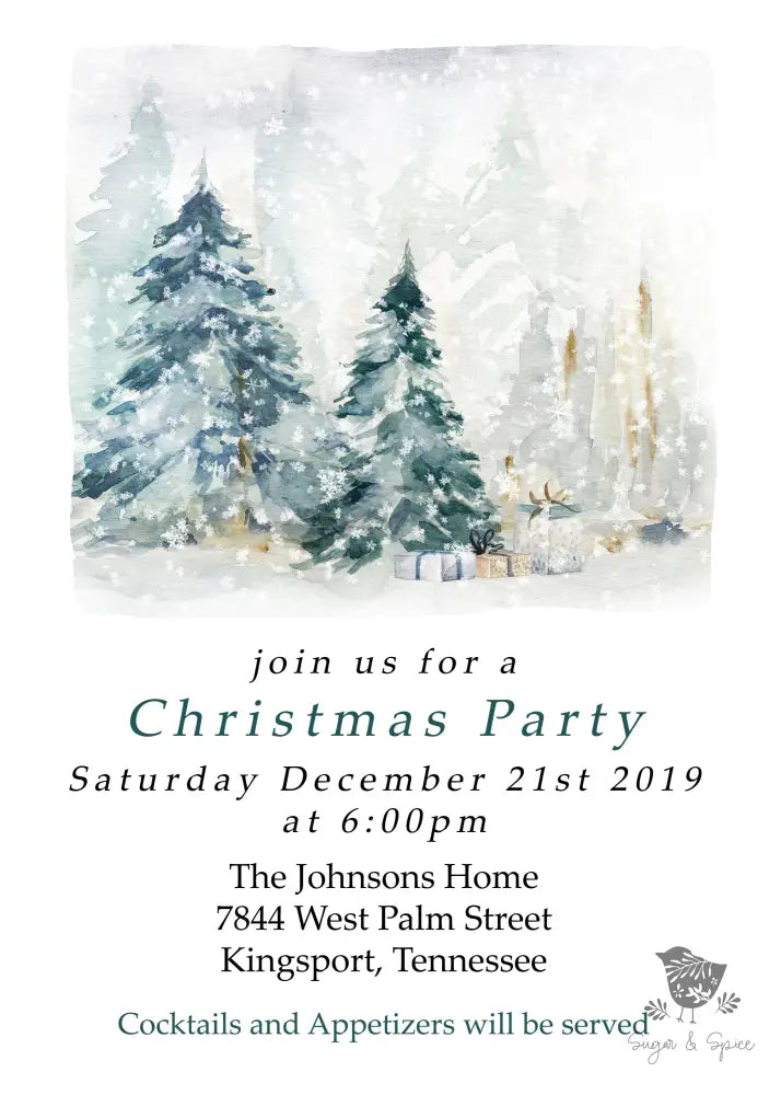 Watercolor Woodland Snow Forest Christmas Invitation - Premium Digital File from Sugar and Spice Invitations - Just $2.10! Shop now at Sugar and Spice Paper