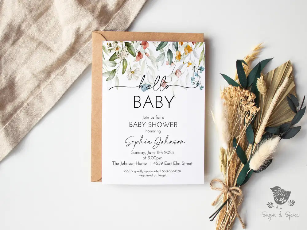 Wildflower Hello Baby Shower Invitation - Premium from Sugar and Spice Invitations - Just $1.95! Shop now at Sugar and Spice Paper