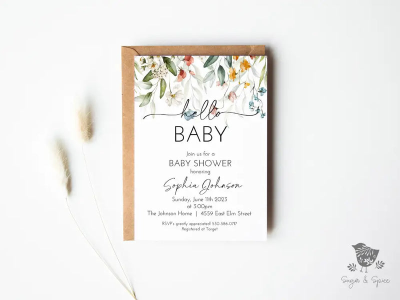 Wildflower Hello Baby Shower Invitation - Premium  from Sugar and Spice Invitations - Just $1.95! Shop now at Sugar and Spice Paper