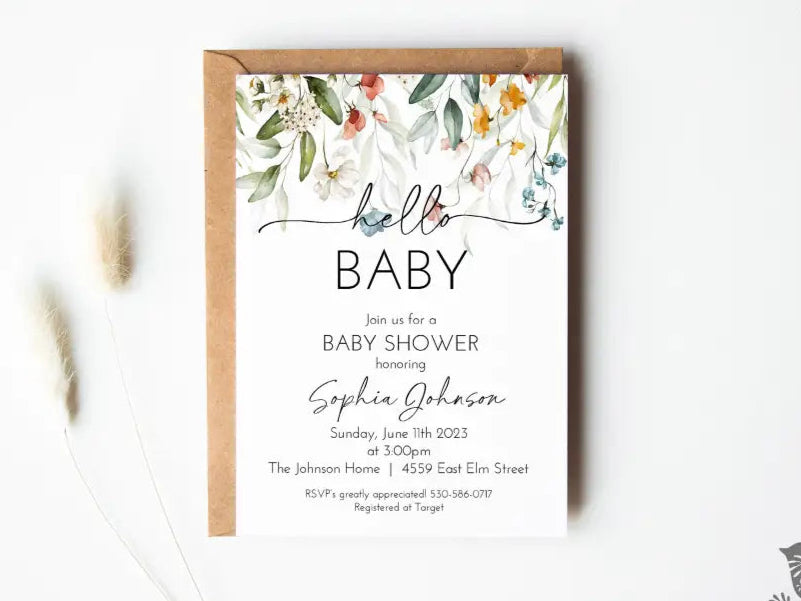 Wildflower Hello Baby Shower Invitation - Premium from Sugar and Spice Invitations - Just $1.95! Shop now at Sugar and Spice Paper
