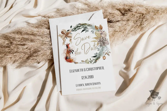 Winter Woodland Fox Save the Date - Premium Paper & Party Supplies > Paper > Invitations & Announcements > Invitations from Sugar and Spice Invitations - Just $2.50! Shop now at Sugar and Spice Paper