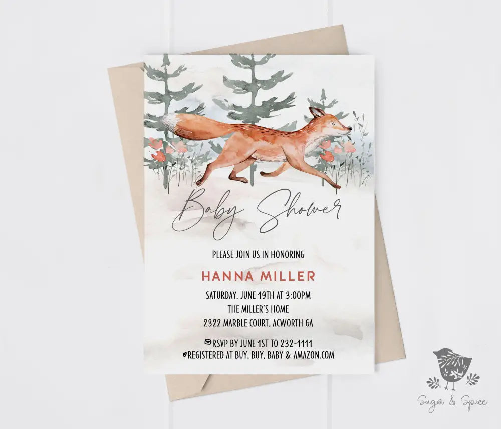 Woodland Fox Baby Shower Invitation - Premium from Sugar and Spice Invitations - Just $1.95! Shop now at Sugar and Spice Paper