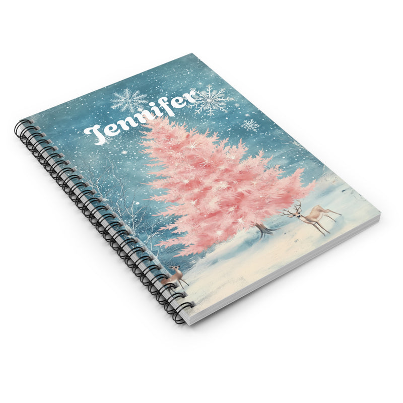 Pink Christmas Tree and Falling Snow Personalized Notebook