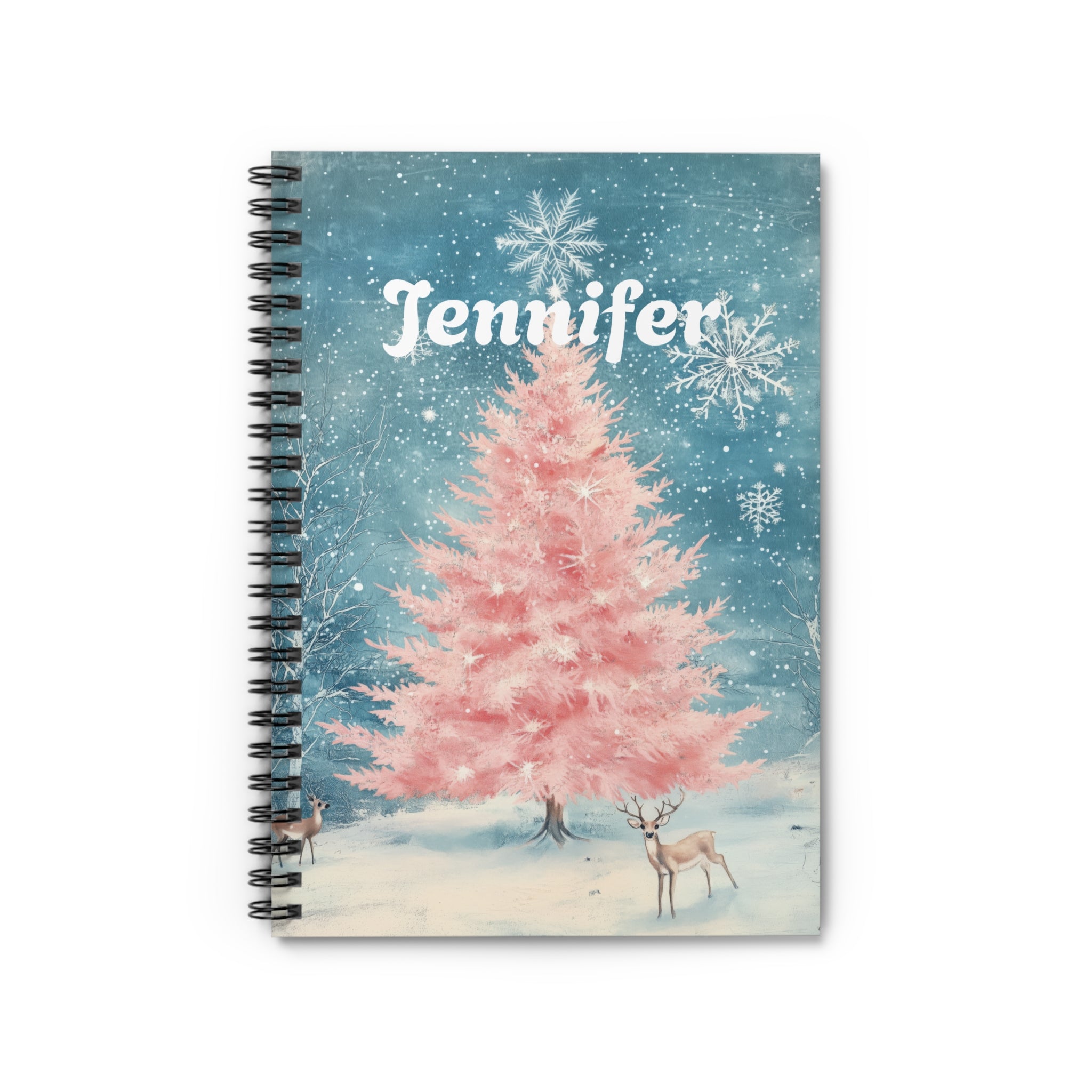 Pink Christmas Tree and Falling Snow Personalized Notebook