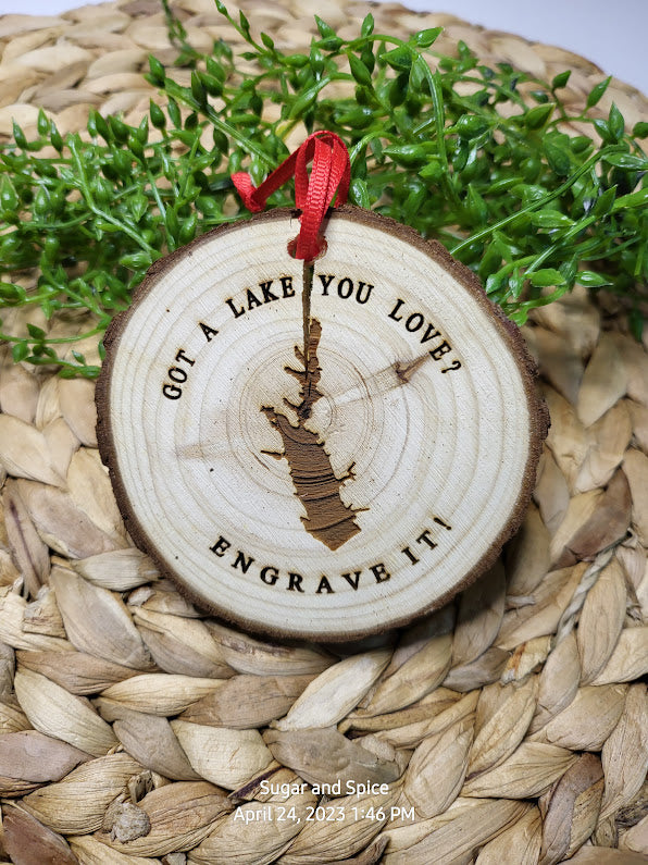 Custom Lake Wood Slice Engraved Christmas Ornament