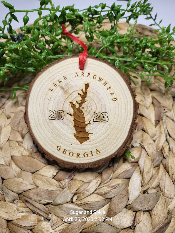 Custom Lake Wood Slice Engraved Christmas Ornament