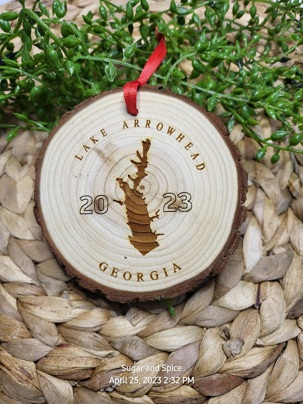 Custom Lake Wood Slice Engraved Christmas Ornament