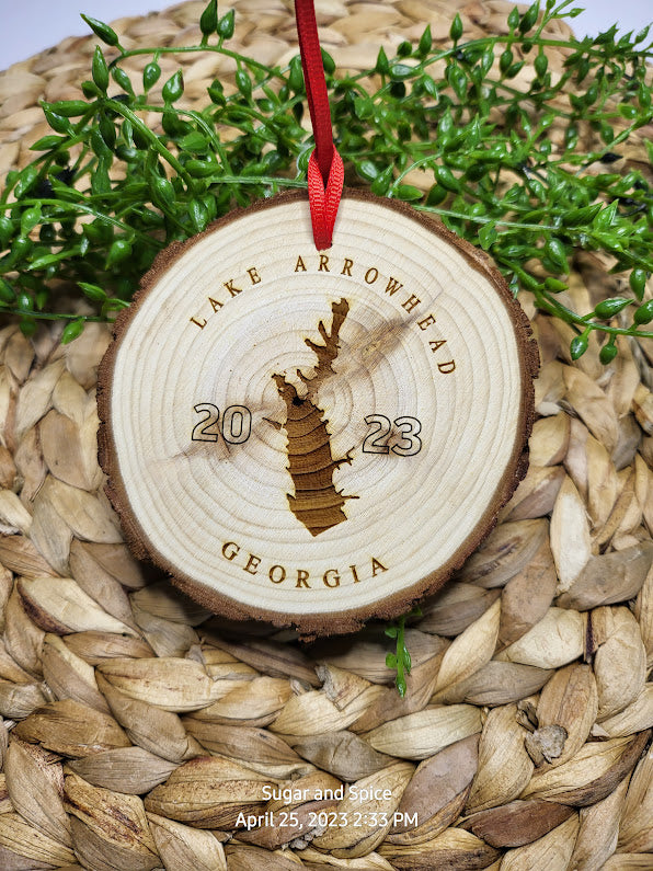 Custom Lake Wood Slice Engraved Christmas Ornament