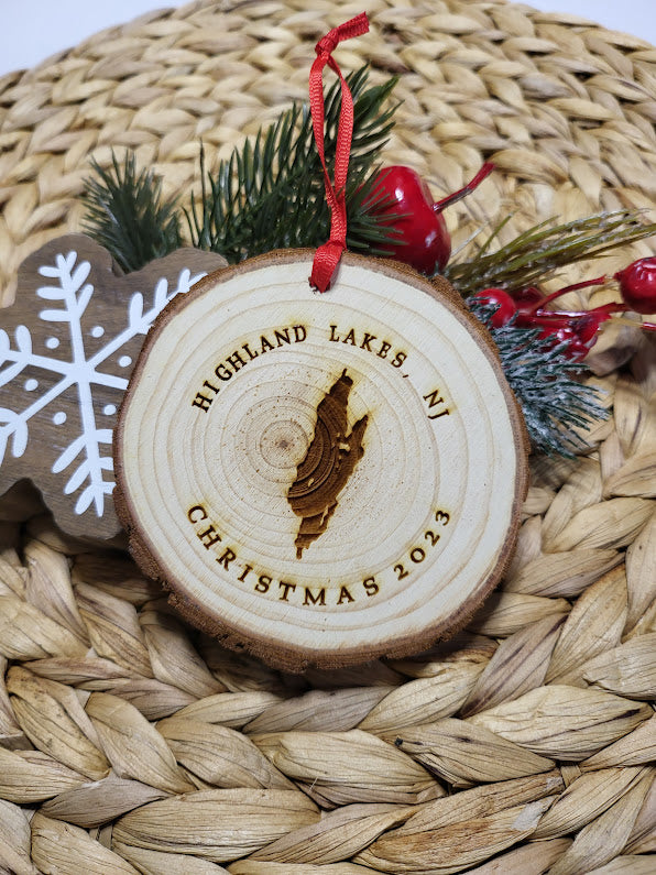 Custom Lake Wood Slice Engraved Christmas Ornament