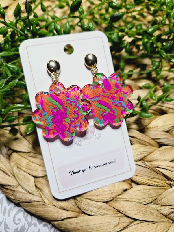 Pink and Orange Retro 1970 Flower Acrylic Earrings