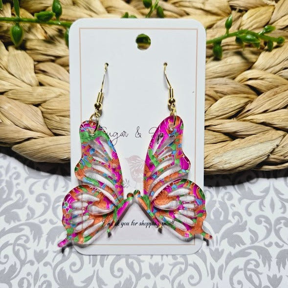 Butterfly Acrylic Pink & Orange Swirl Earrings