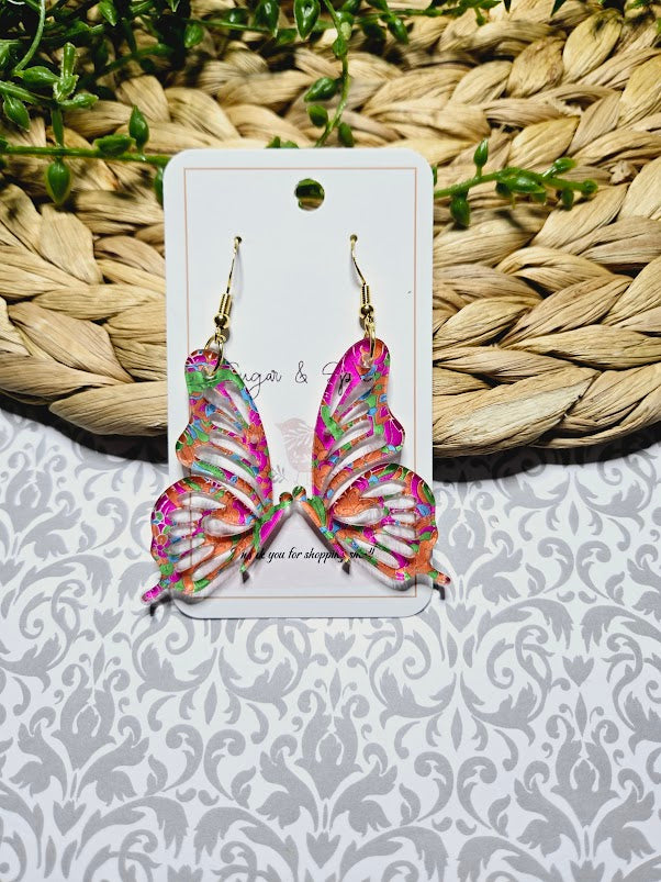 Butterfly Acrylic Pink & Orange Swirl Earrings