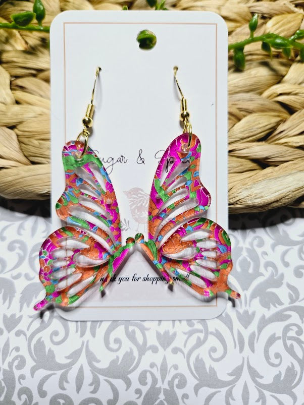 Butterfly Acrylic Pink & Orange Swirl Earrings