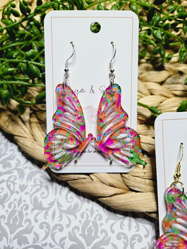 Butterfly Acrylic Pink & Orange Swirl Earrings