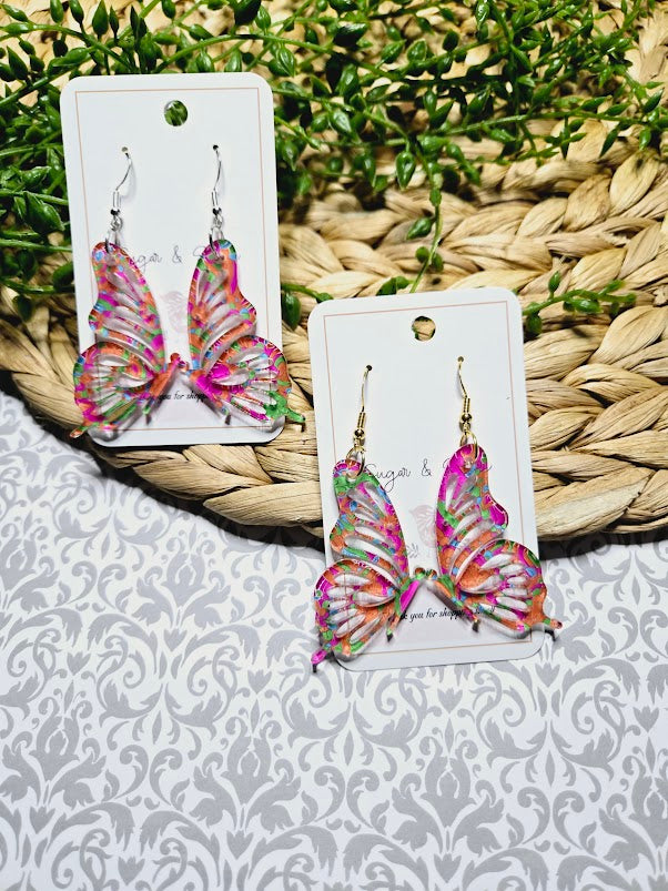 Butterfly Acrylic Pink & Orange Swirl Earrings