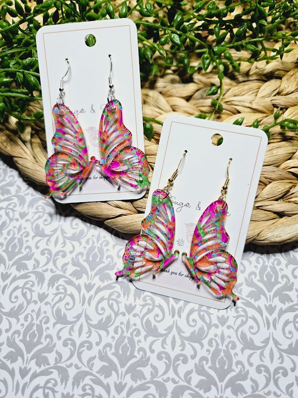 Butterfly Acrylic Pink & Orange Swirl Earrings