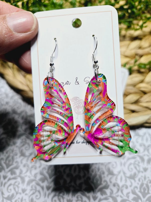 Butterfly Acrylic Pink & Orange Swirl Earrings