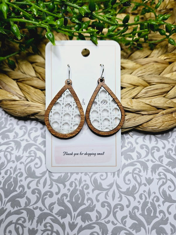 White Lattice Wood Inlay Teardrop Earrings