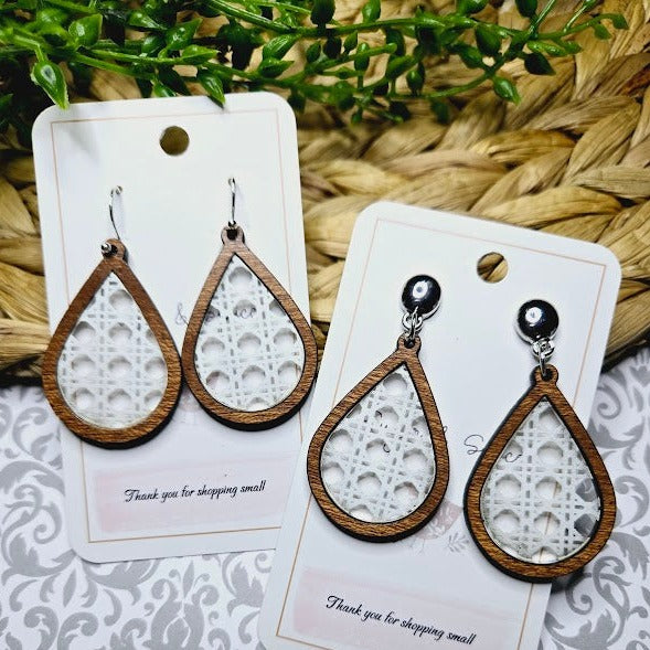 White Lattice Wood Inlay Teardrop Earrings