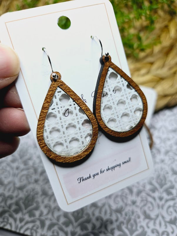 White Lattice Wood Inlay Teardrop Earrings