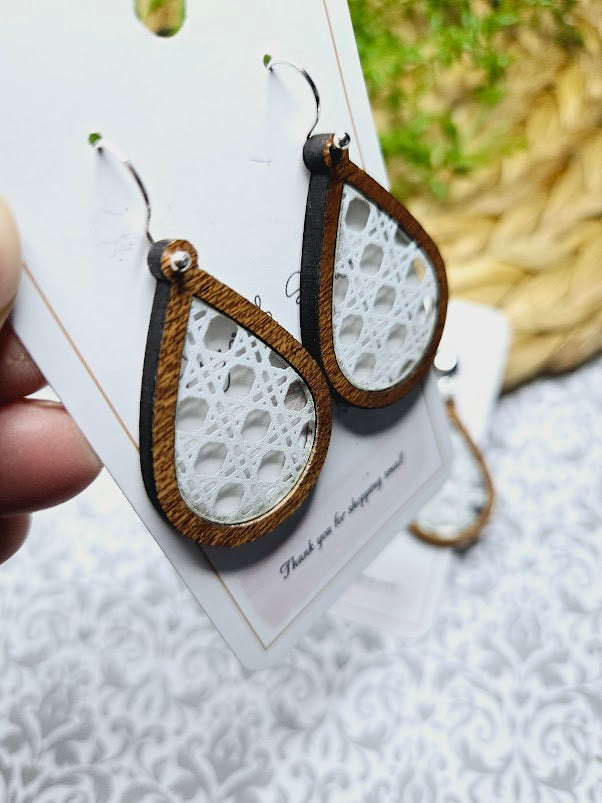 White Lattice Wood Inlay Teardrop Earrings