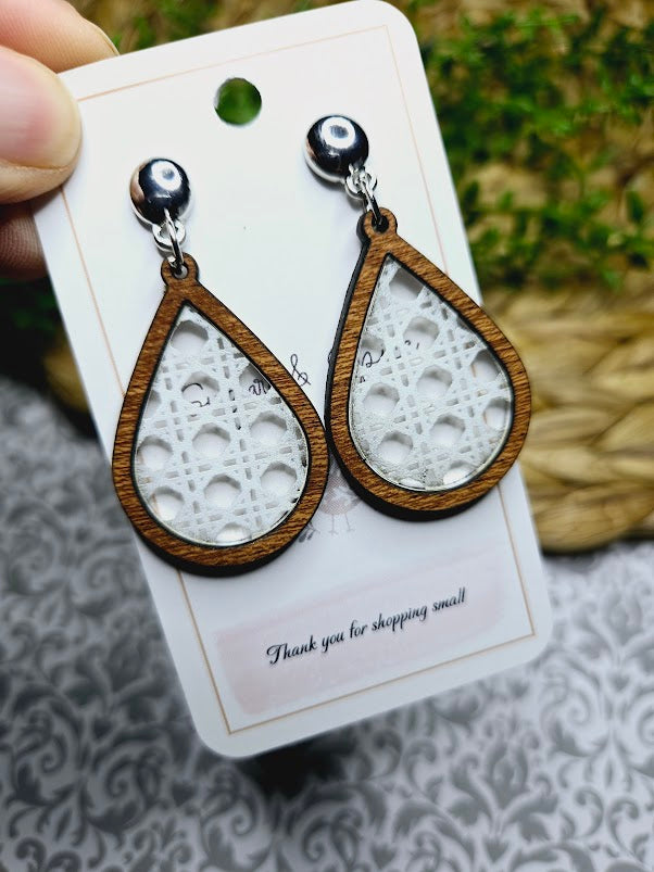 White Lattice Wood Inlay Teardrop Earrings