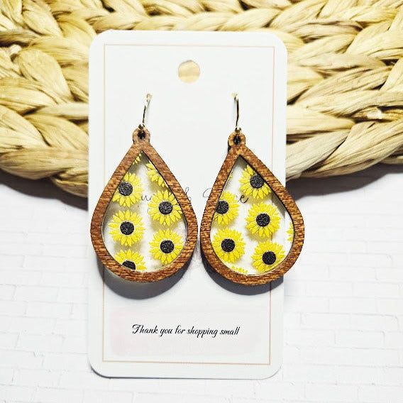 Sunflower Wood Inlay Teardrop Earrings