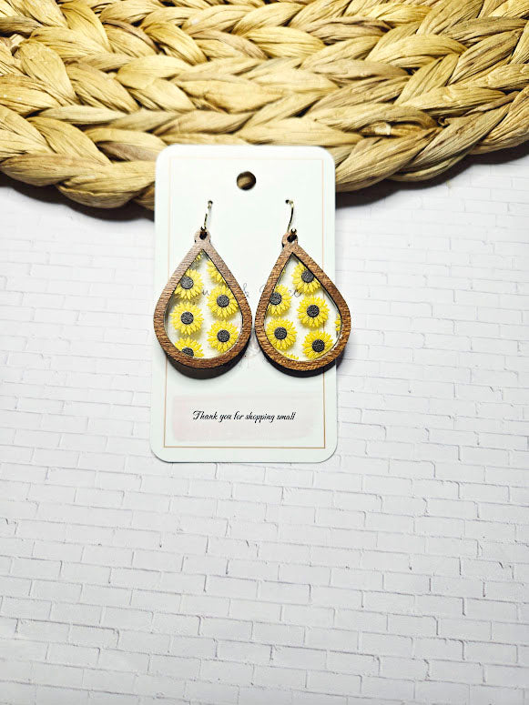 Sunflower Wood Inlay Teardrop Earrings