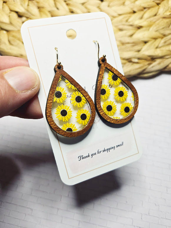 Sunflower Wood Inlay Teardrop Earrings