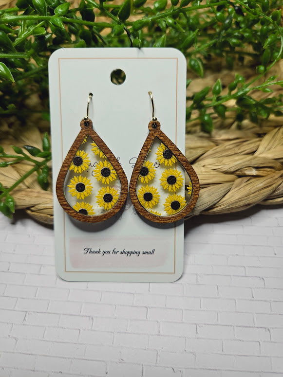 Sunflower Wood Inlay Teardrop Earrings