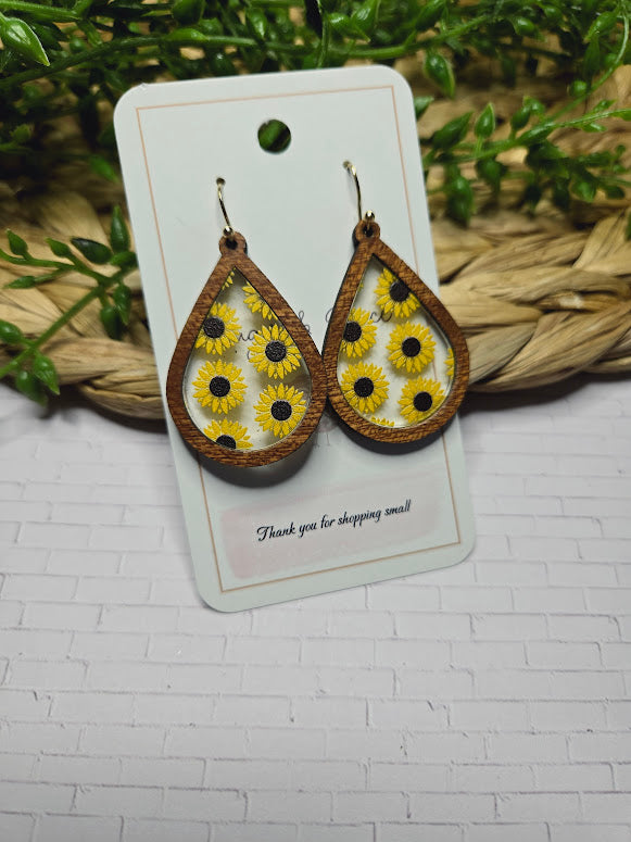 Sunflower Wood Inlay Teardrop Earrings