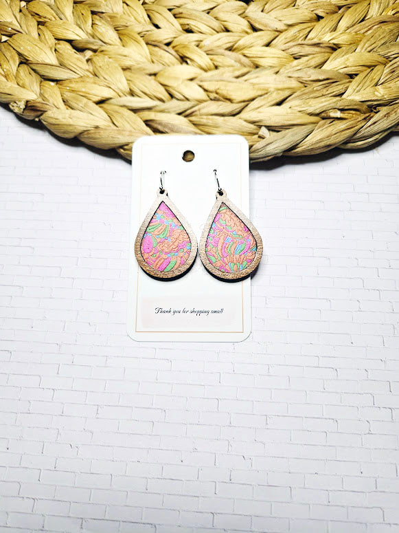 Retro Orange and Pink Swirl Wood Inlay Teardrop Earrings