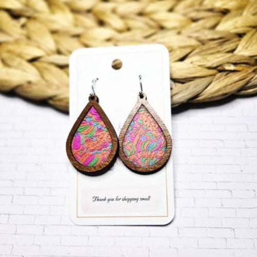 Retro Orange and Pink Swirl Wood Inlay Teardrop Earrings